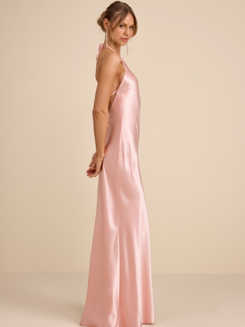 Lulus Magnificence Blush Pink Satin Backless Halter Maxi Dress - Size M